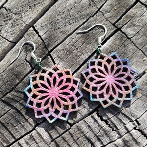 Mandala earrings Silver glitter Sustainable wood earrings with sterling silver hooks, blue, pink, bronze & silver handmade earrings