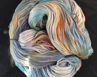 Hand dyed bamboo yarn: 8ply "Mercury" 100g/ 220m blue/white/orange hand dyed yarn, vegan Friendly 100% bamboo viscose yarn, hand painted