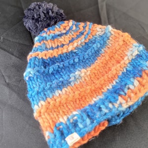 Handknitted 100% Wool adult stripe beanie with faux fur pom pom, hand dyed wool chunky knit beanie, large adult size/ Unisex beanie- navy