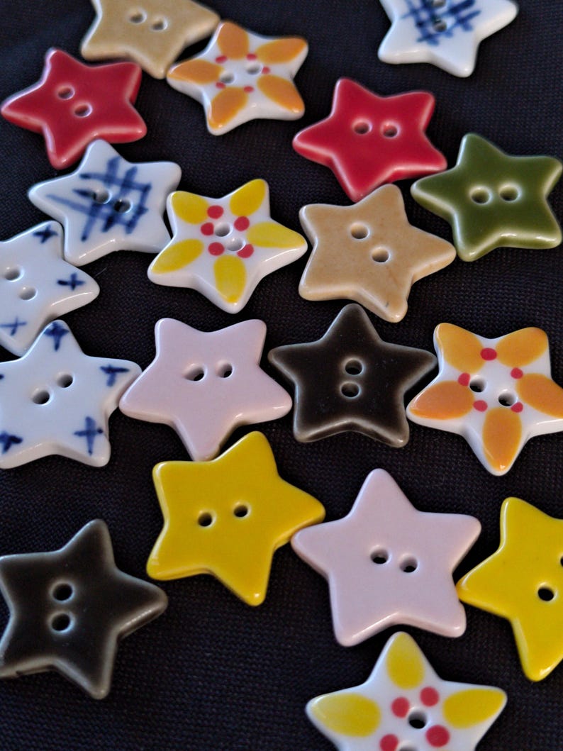 Ceramic star buttons 20mm stars sets of 2 buttons: handmade glazed ceramic buttons for sewing, knitting, crochet, crafts image 4