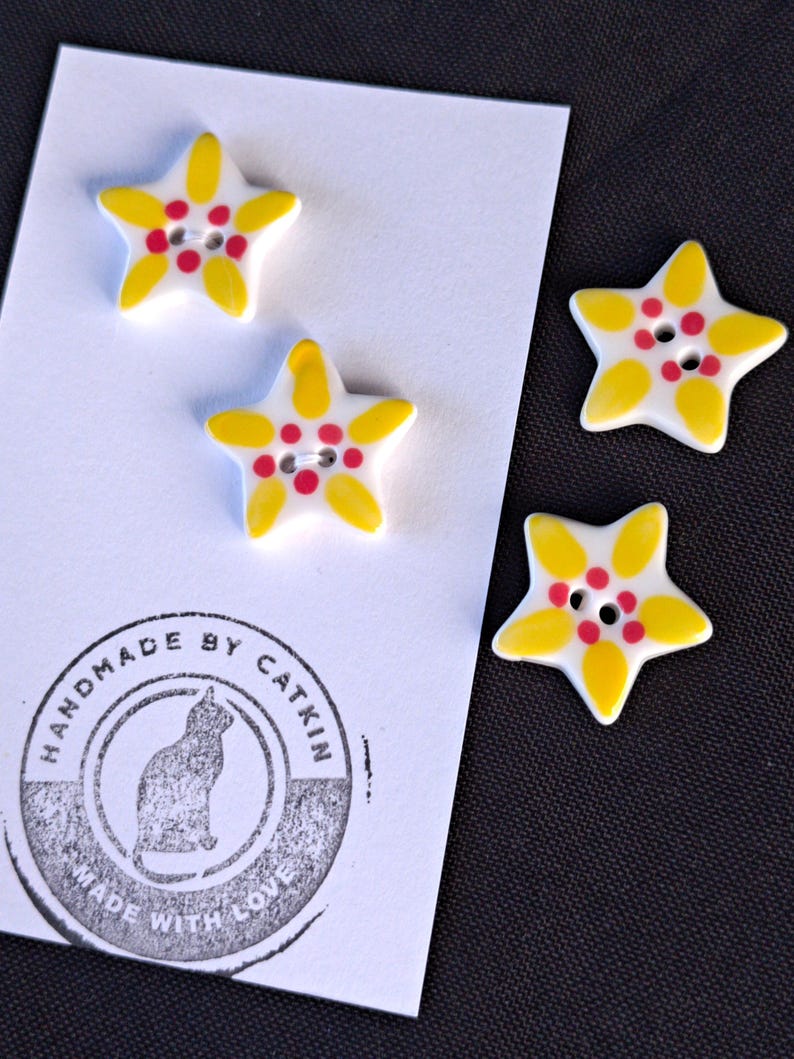 Ceramic star buttons 20mm stars sets of 2 buttons: handmade glazed ceramic buttons for sewing, knitting, crochet, crafts Yellow Starburst