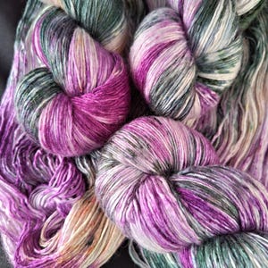 Hand dyed Australian merino & silk yarn- 4ply &quot;Lavender Fields&quot; 100g/ 440m purple/Green/tan hand dyed yarn, 50/50 Merino wool and silk yarn