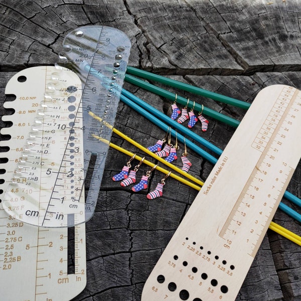 Sock rulers sets: crochet and knitting rulers, needle gauge, sock making with mini sock Stitch markers, knitting or crochet sock ruler sets