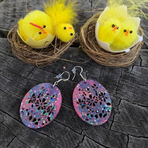 Easter egg earrings, Sustainable wood earrings with sterling silver hooks, pink & purple plant based inks, handmade rainbow glitter earrings