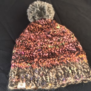 Handknitted Ladies&#39;s beanie from hand spun yarn with faux fur pom pom, wool/silk beanie, orange pom pom, multicoloured beanie SMALL ADULT