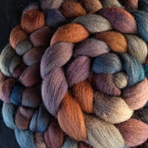 May include: A thick, braided length of roving wool featuring a variegated color palette of deep rust, muted purple, slate blue, and earthy olive green tones. The fiber has a soft, fuzzy texture and is coiled into a dense, circular arrangement.