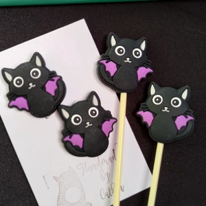Knitting needle stoppers/ knitting needle keepers: black cat set of 2 needles stoppers Halloween bat cat silicone end knitting needle caps