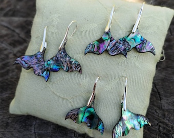 Paua abalone shell earrings, whale tail mother of pearl earrings with sterling silver tension hooks. Handmade Sterling Silver earrings