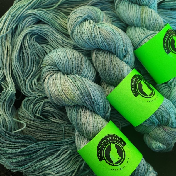 Hand dyed cotton yarn: 8ply "Blue Poles" 100g/ 165m teal green tonal hand dyed yarn, vegan Friendly 100% cotton yarn, ready to ship