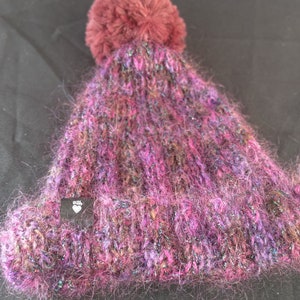 Handknitted sparkle fluffy children&#39;s ribbed beanie with faux fur pom pom, burgundy pom pom on purple sparkle beanie, mohair/nylon/ stellina