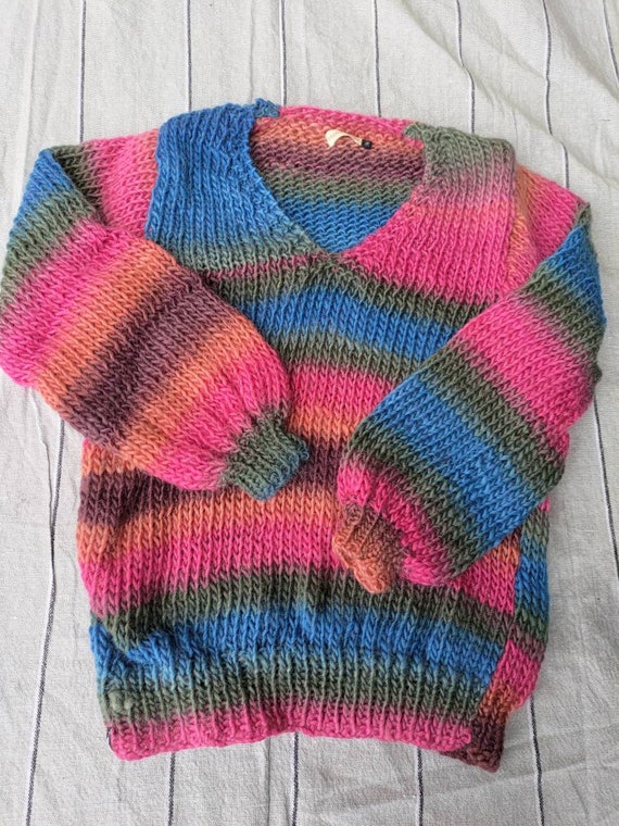 Handknitted Wool and Cashmere Stripey 80s V Neck Sweater Jumper 