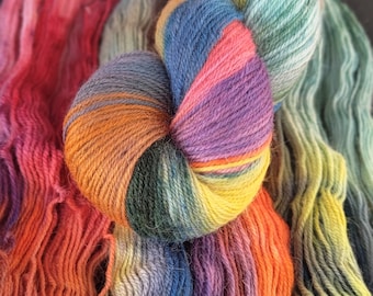 Hand dyed nylon free sock yarn: sock weight 4ply &quot;Possum magic&quot; 100g/400m yarn, chaotic rainbow tones, 80/20 Merino and Lincoln wool yarn