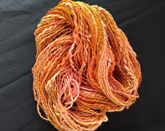 Hand spun art yarn: 82g 12ply weight orange, gold pink hand spun yarn, merino/bamboo/mohair/silk yarn, handspun art yarn thick thin yarn