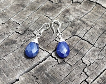Natural real sapphire earrings Sterling Silver wire wrapped briolette cut minimalist drop earrings