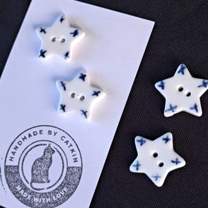 Ceramic star buttons 20mm stars sets of 2 buttons: handmade glazed ceramic buttons for sewing, knitting, crochet, crafts Blue Crosses