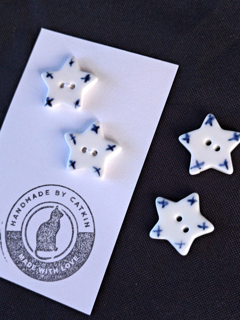 Ceramic star buttons 20mm stars sets of 2 buttons: handmade glazed ceramic buttons for sewing, knitting, crochet, crafts Blue Crosses