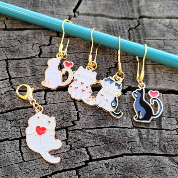 Stitch markers with progress keeper: Love cats, valentines cats, cat butts. Calabash pin gourd pin markers, kitty knitting & crochet markers