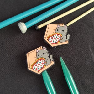 Knitting needle stoppers/ knitting needle keepers: pizza kitty set of 2 needles stoppers kitty cat pizza silicone end knitting needle caps