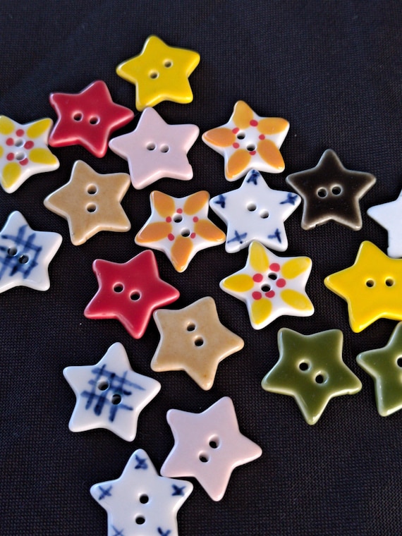 Ceramic star buttons 20mm stars sets of 2 buttons: handmade glazed ceramic buttons for sewing, knitting, crochet, crafts