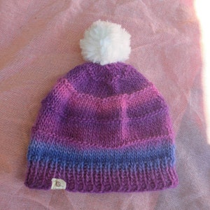 Handknitted Wool & cashmere ladies stripe beanie with faux fur pom pom