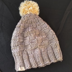 Handknitted supersoft Wool (no itch) children&#39;s basket weave look beanie with faux fur pom pom, yellow pom pom on grey/lilac/beige beanie