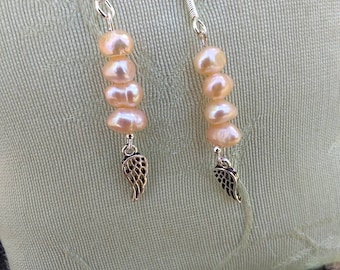 Dainty Angel wing earrings Christmas earrings in sterling silver and peachy/ peach coloured freshwater pearl handmade earrings