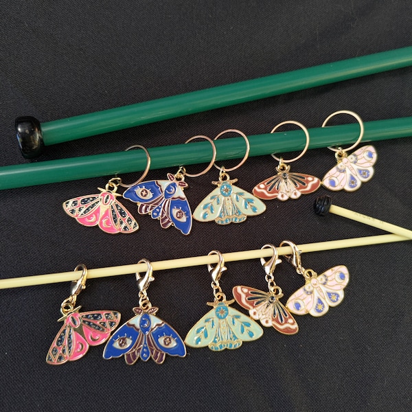 Moon moth stitch markers sets: choose your clasps, knitting and crochet stitch markers, moth butterfly stitch markers, gothic Wicca moon