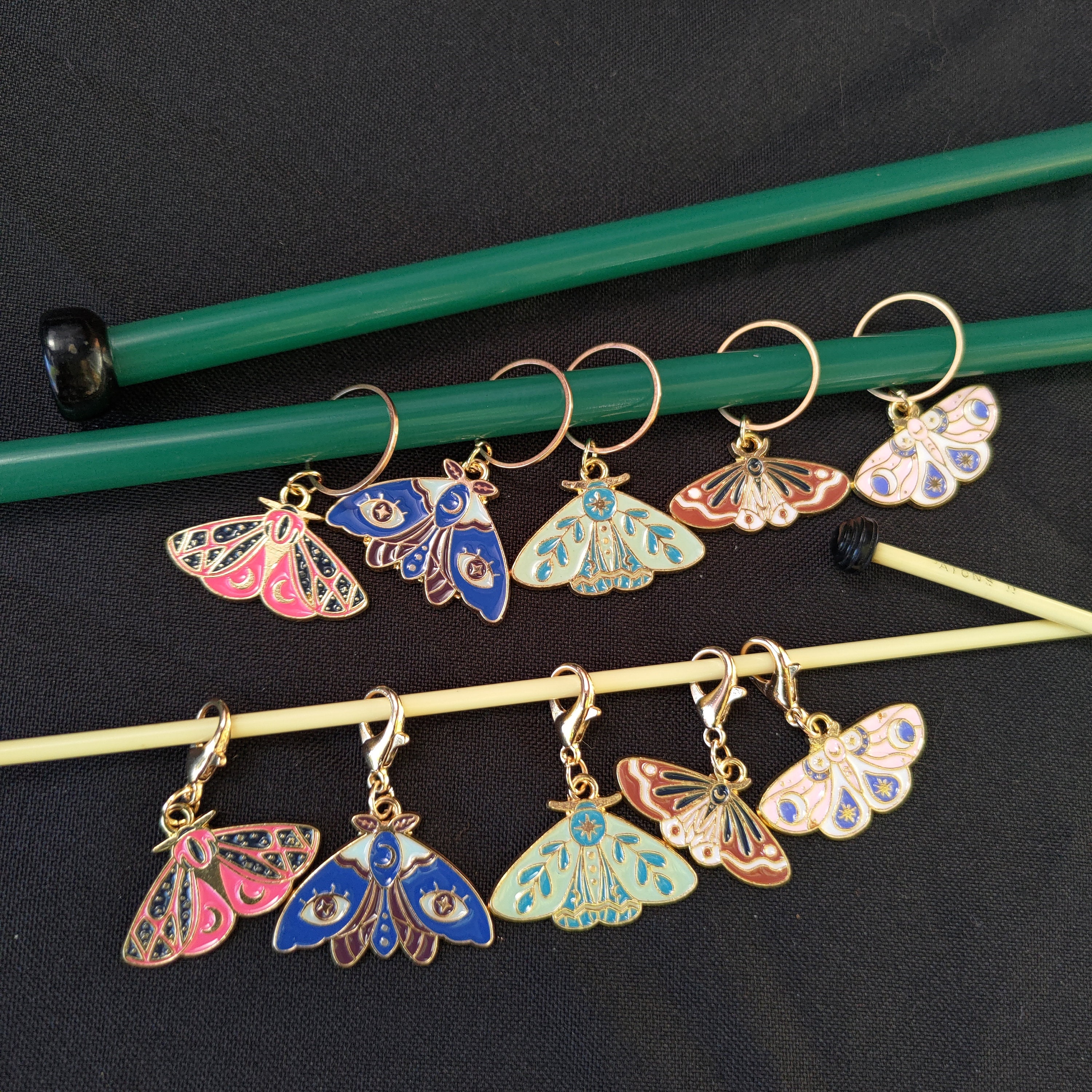 Moon moth stitch markers sets: choose your clasps, knitting and crochet stitch markers, moth butterfly stitch markers, gothic Wicca moon