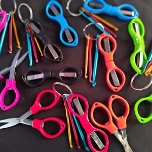 Folding scissors for yarn crafts: acrylic handle scissors, with or without mini repair hooks set. Fold up scissors choose your colours