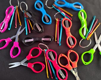 Folding scissors for yarn crafts: acrylic handle scissors, with or without mini repair hooks set. Fold up scissors choose your colours