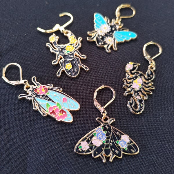 Floral Insect stitch markers sets: Leverback clasps, knitting and crochet stitch markers, moth bee scorpion beetle stitch markers, gothic