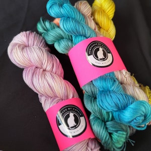 Hand dyed bamboo yarn: 12ply &quot;Blossom&quot; gift set with mini skeins, hand dyed yarn, 100% bamboo lyocell yarn, 258g total (6x28g & 90g)