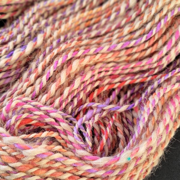 Hand spun art yarn: 144g DK 8ply weight pink/purple/red/gold and fawn brown hand spun art yarn, superfine merino and baby alpaca soft yarn