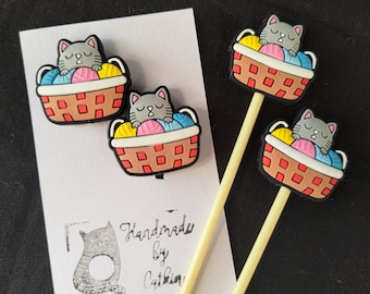 Stricknadelstopper/ Stricknadelhalter: Garn Set mit 2 Nadeln Stopper Kitty Katze Korb Silikonend Stricknadel Kappen
