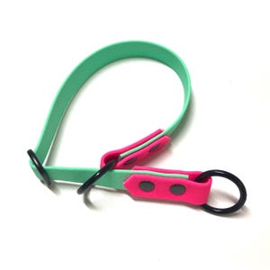 Op de afbeelding: Een mintgroene en felroze hondenriem met zwarte metalen hardware. De halsband is gemaakt van een flexibel materiaal en heeft een lusontwerp. Het felroze gedeelte heeft twee zwarte klinknagels.