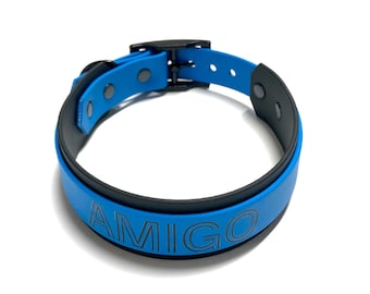 Coleira de Biothane com inscrição, 4 cm de largura, coleira personalizada para galgo, coleira bicolor.