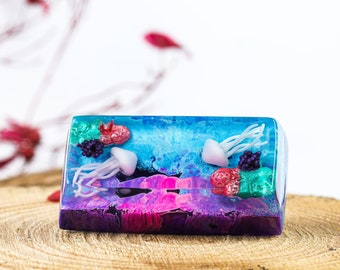Tecla Jellyfish, Tecla Jellyfish azul e rosa com perfil SA, Tecla artesanal feita à mão, Tecla personalizada, Teclas Cherry MX, Ideias para presentes