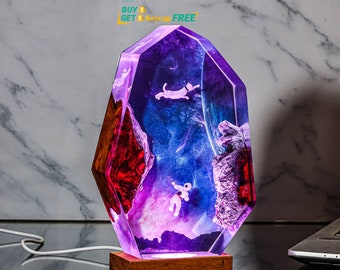 Astronauten Katze Epoxy Lampe, Space Galaxy Harz und Holz Nachtlicht, Benutzerdefinierte Astronaut Harz Holz Kunst Lampe, Raumschiff Benutzerdefinierte Nachtlicht
