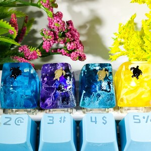May include: Four keycaps with different coloured resin and a small turtle figurine on top of each. The keycaps are arranged in a row from left to right: blue, purple, blue, and yellow. The keycaps are on a keyboard with the keys labelled 2, 3, 4, and 5.