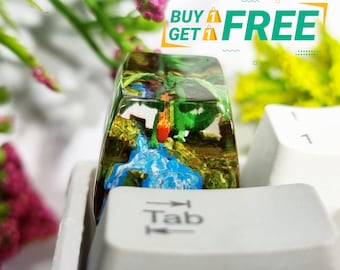 May include: A green and orange dragon figurine encased in clear resin, sitting on a white keyboard with a "Tab" key. The resin is filled with green, blue, and yellow swirls. The keyboard is partially visible in the background.