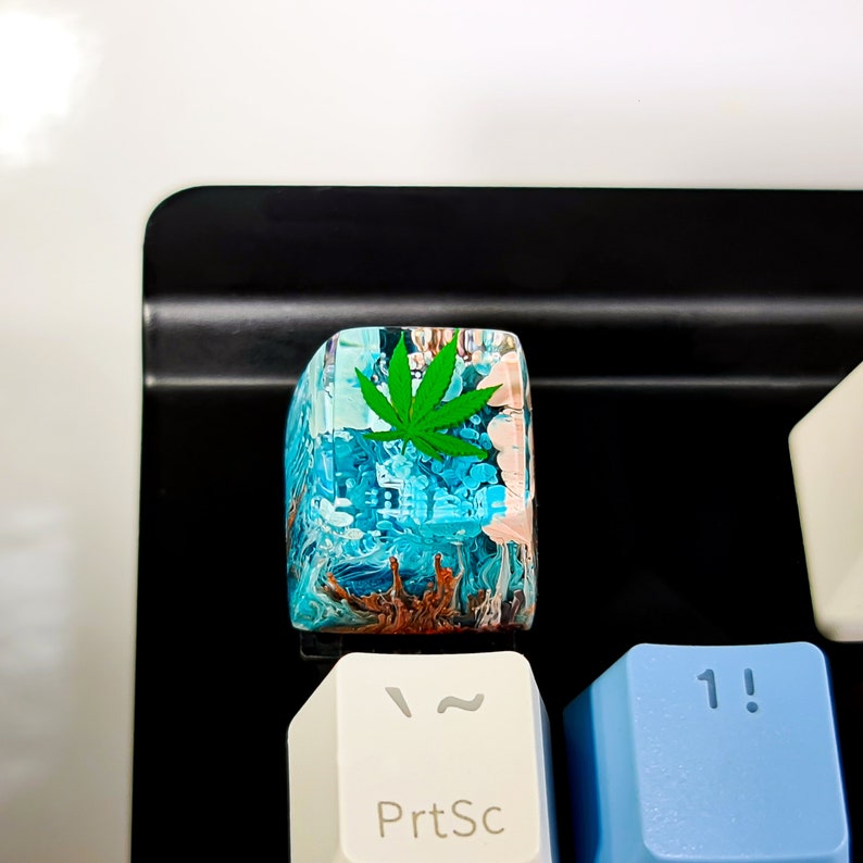 May include: A blue and brown resin keycap with a green marijuana leaf design. The keycap is for a mechanical keyboard and has the text "PrtSc" on it.