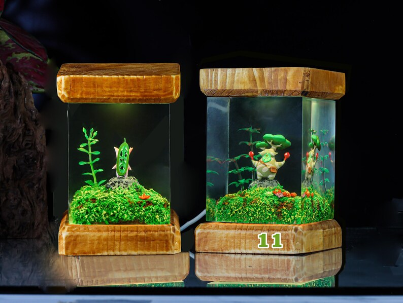 K&ouml;nnte beinhalten: Zwei h&ouml;lzerne Terrarien mit Glaseins&auml;tzen, jedes mit einer kleinen gr&uuml;nen Pflanze und einer Figur. Das Terrarium rechts hat die Nummer 11 auf der Vorderseite.