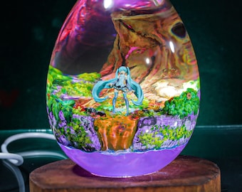 Lámpara de resina Miku, lámpara de noche de anime personalizada, lámpara de resina epoxi, lámpara de resina y madera hecha a mano, luz de noche personalizada, regalo artesanal