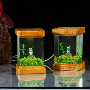 K&ouml;nnte beinhalten: Zwei gl&auml;serne Terrarien mit Holzrahmen, in denen sich eine gr&uuml;ne Pflanze und eine kleine wei&szlig;e Figur befinden. Die Terrarien sind von innen beleuchtet und strahlen ein warmes Licht aus.