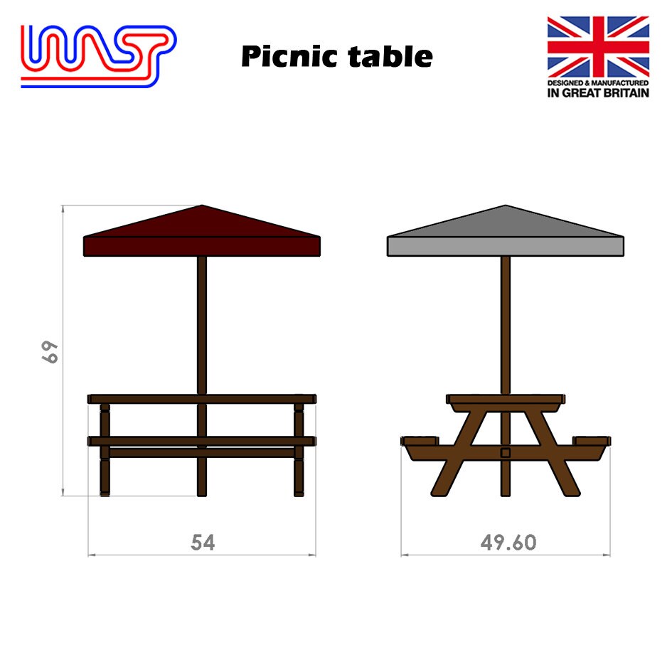 Slot Car Scenery Track Side Picnic Table and Umbrella Pub Bench Blue 1:32 WASP 