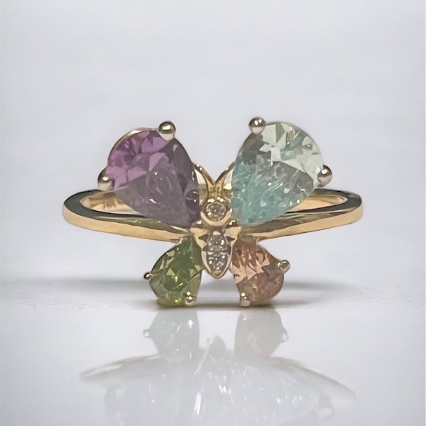 14K Yellow Gold colorful butterfly, multi gemstone, mixed color stones statement ring for lady, amethyst, aquamarine, peridot, citrine stone