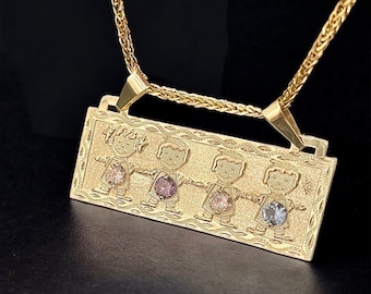 14K or 10K solid yellow gold handmade 4 birthstone children, babies,kids plate pendant frame, gift for mom, rectangle bar pendant
