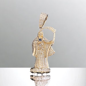14k Solid Gold 3D La Santa Muerte Holding Sapphire Stone Pendant, cubic zirconia.