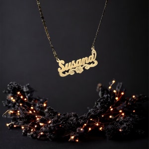 14K Solid Gold Name Pendant  with flower -Real 14K Yellow Gold Custom Name Plate-Personalized Gifts for Her-Handmade Jewelry- PENDANT ONLY