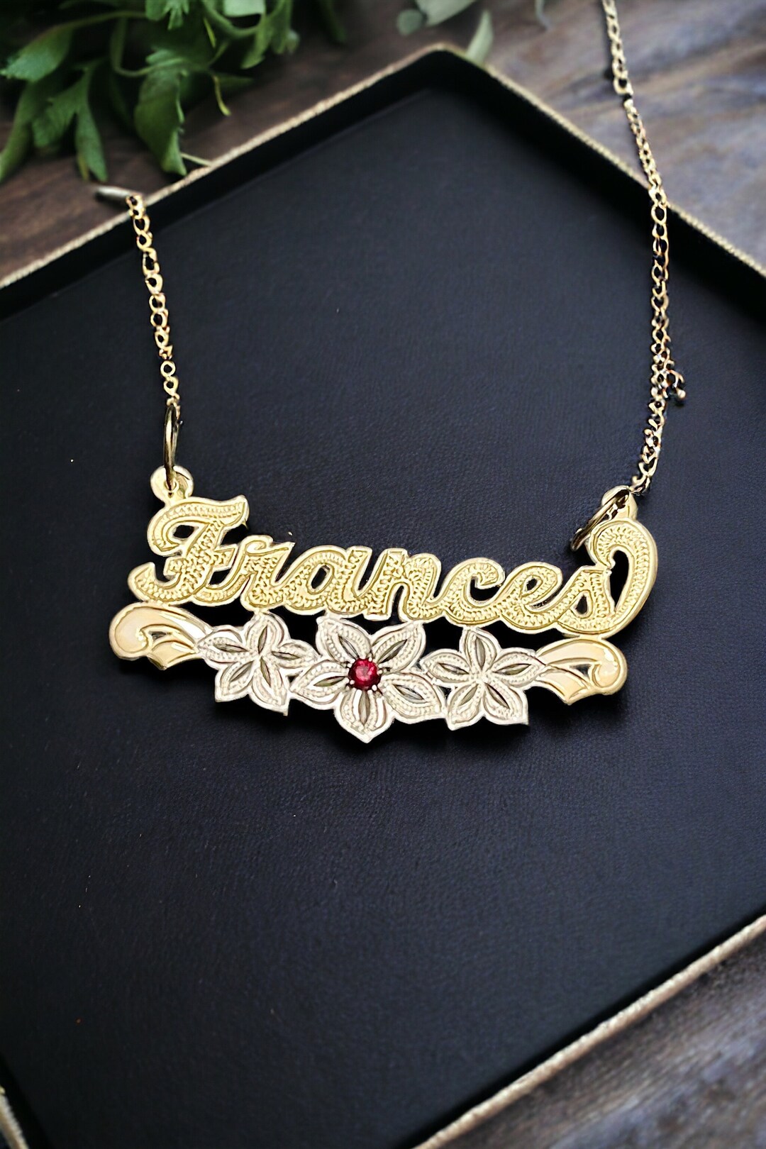 14K 10K Solid Gold Personalized Name Pendant With Flower Design Customized Name Plate With Birthstone in 2 toned Color PENDANT ONLY Etsy
